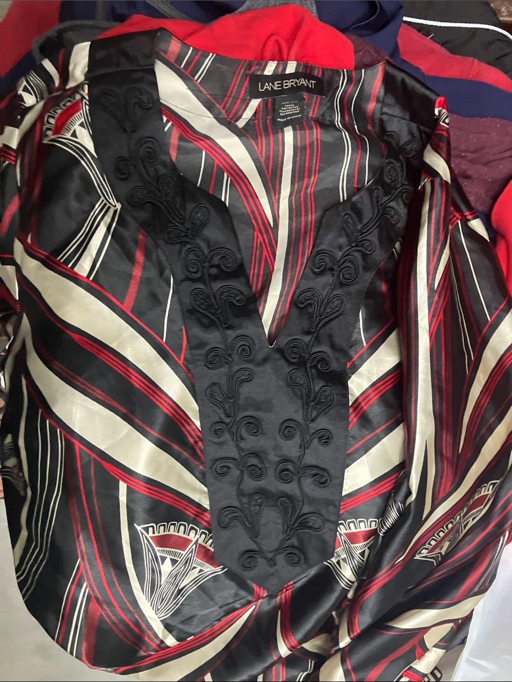 Lane Bryant Black, Red & Cream Satin Tunic with Embroidered Placket